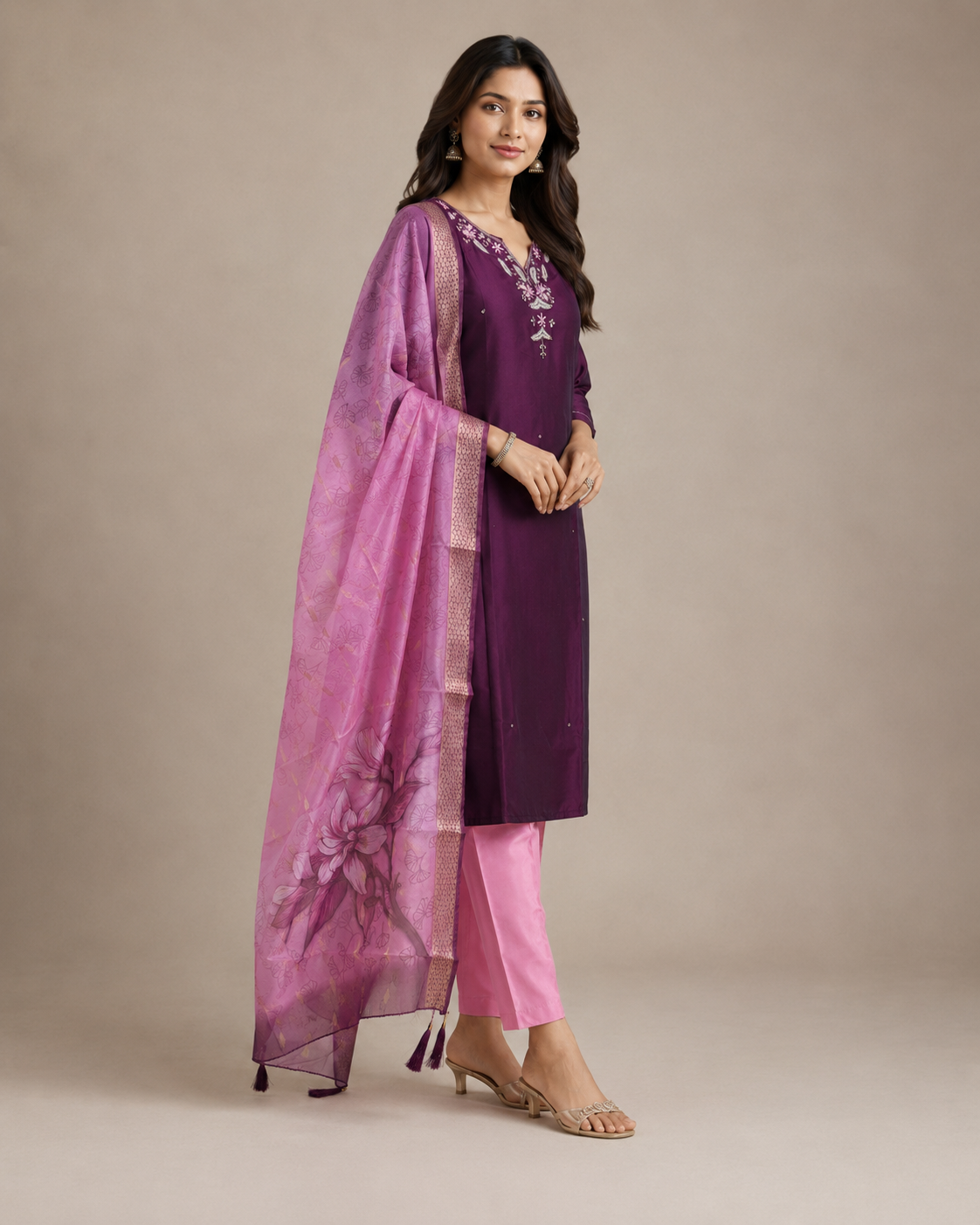 Product Title: Olive Green Silk Kurti Pant Set with Embroidered Organza Dupatta