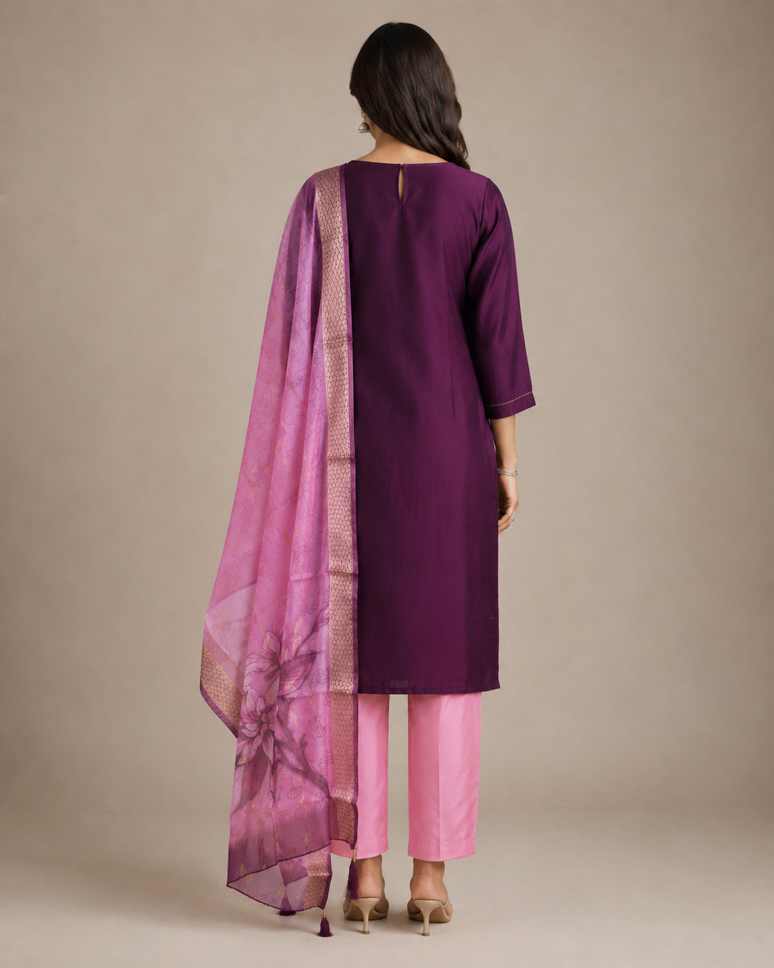Product Title: Olive Green Silk Kurti Pant Set with Embroidered Organza Dupatta