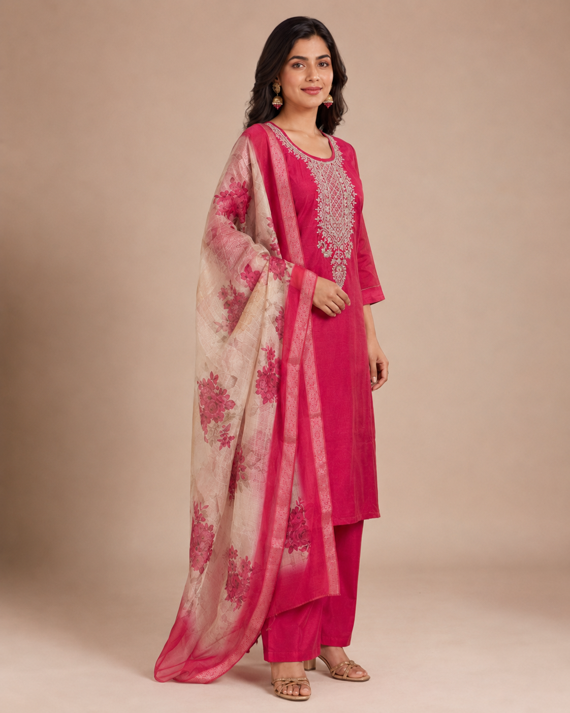 Rani Pink Silk Kurti Pant Set with Embroidered Neckline &amp; Floral Organza Dupatta