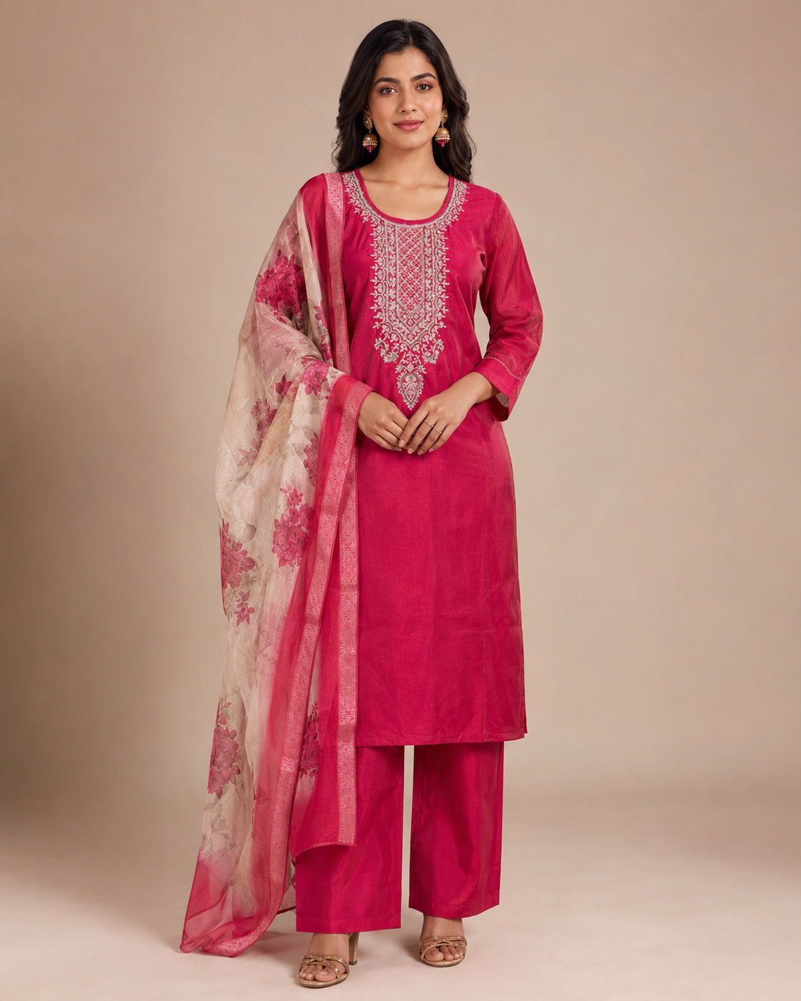 Rani Pink Silk Kurti Pant Set with Embroidered Neckline &amp; Floral Organza Dupatta