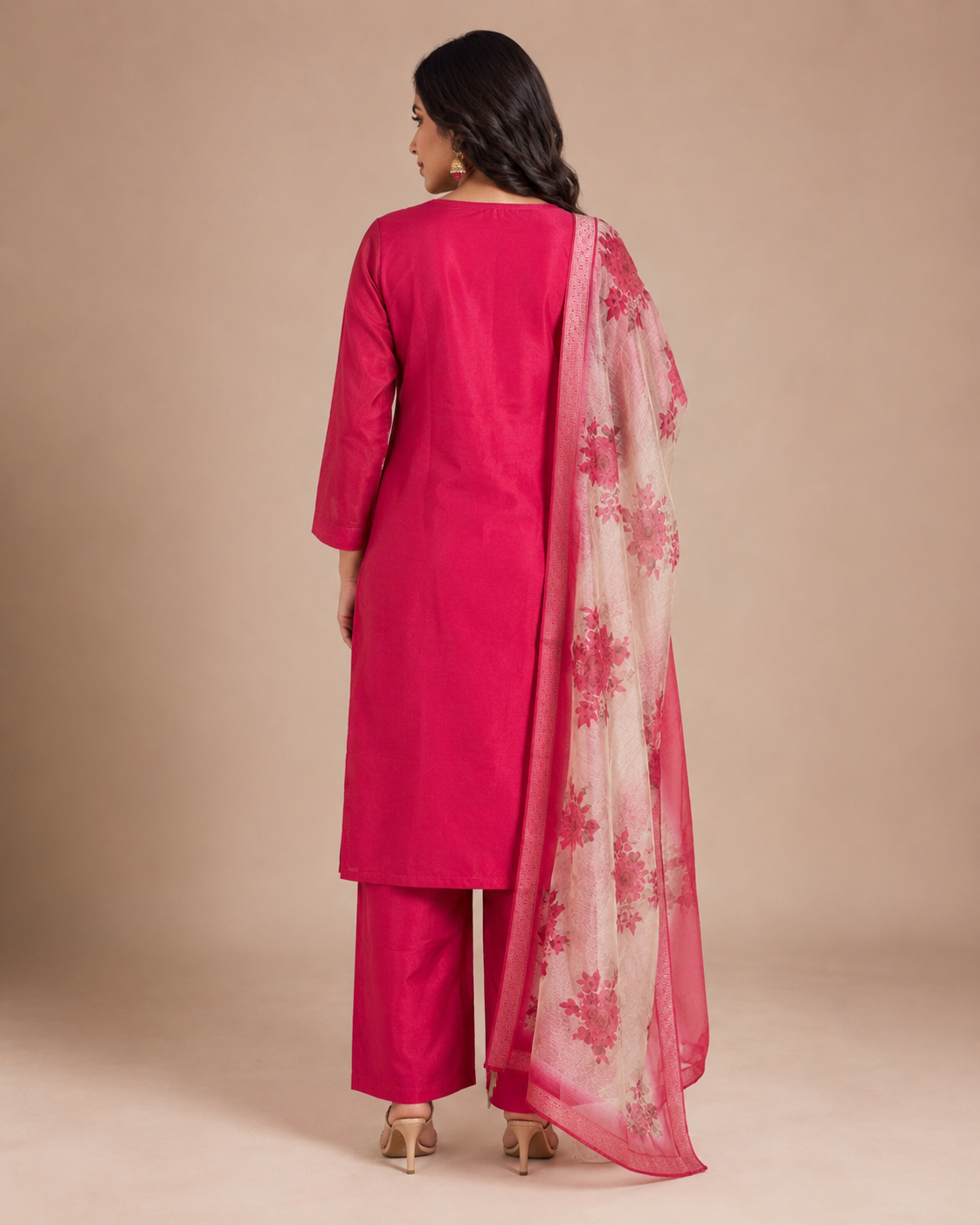 Rani Pink Silk Kurti Pant Set with Embroidered Neckline &amp; Floral Organza Dupatta
