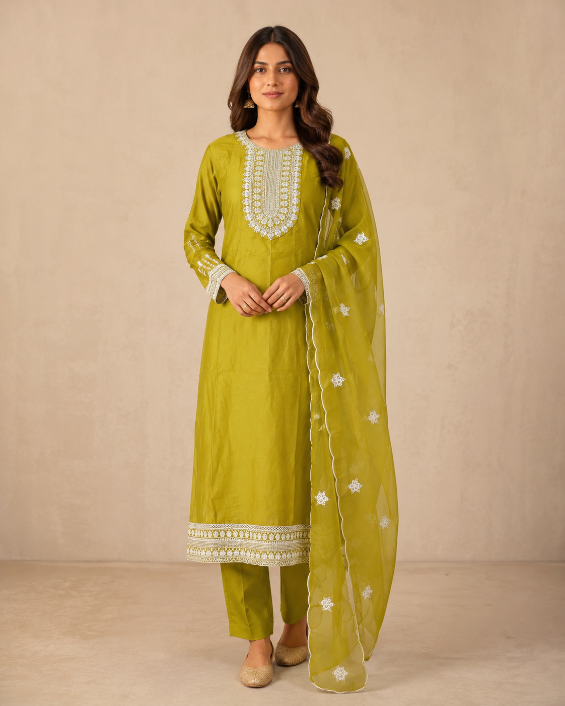 Olive Lime Green Embroidered Kurti Pant Set with Organza Dupatta