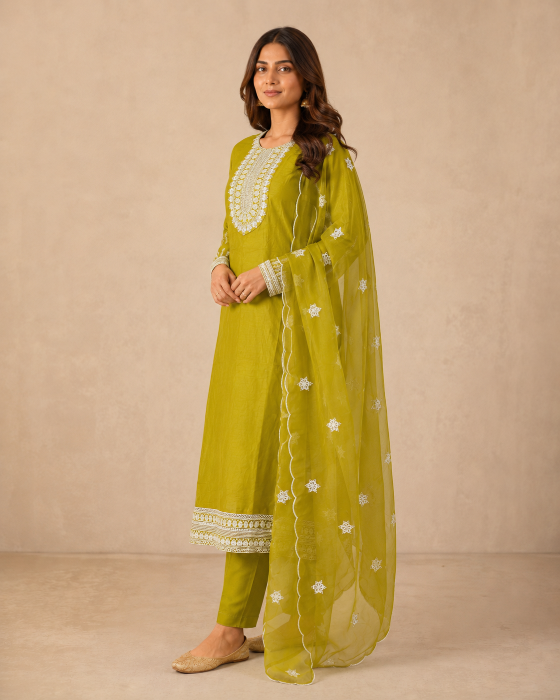 Olive Lime Green Embroidered Kurti Pant Set with Organza Dupatta