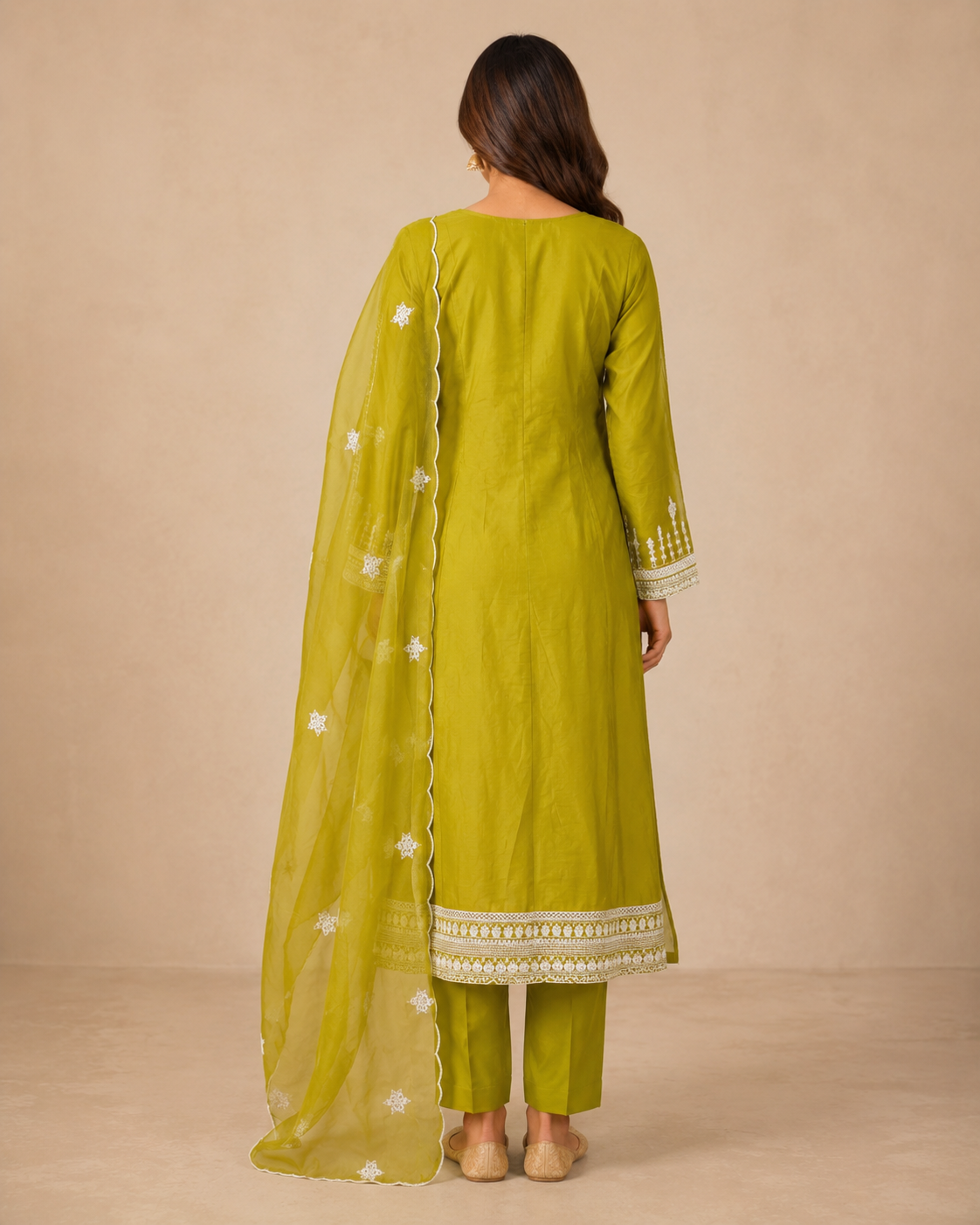 Olive Lime Green Embroidered Kurti Pant Set with Organza Dupatta