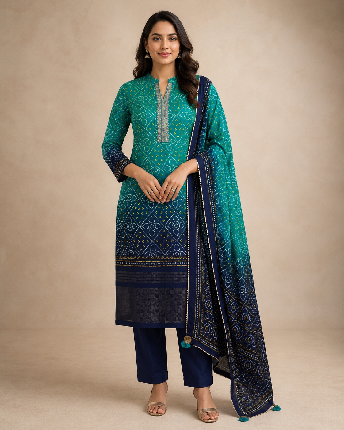 Teal Blue Bandhani Print Kurti Pant Set with Embroidered Neckline &amp; Dupatta