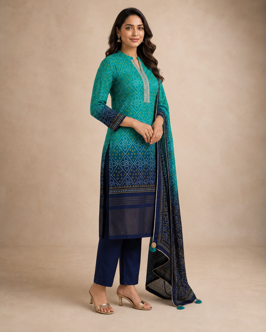 Teal Blue Bandhani Print Kurti Pant Set with Embroidered Neckline &amp; Dupatta