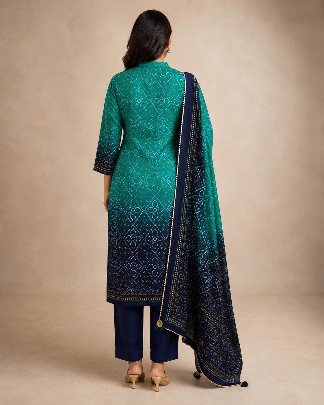 Teal Blue Bandhani Print Kurti Pant Set with Embroidered Neckline &amp; Dupatta
