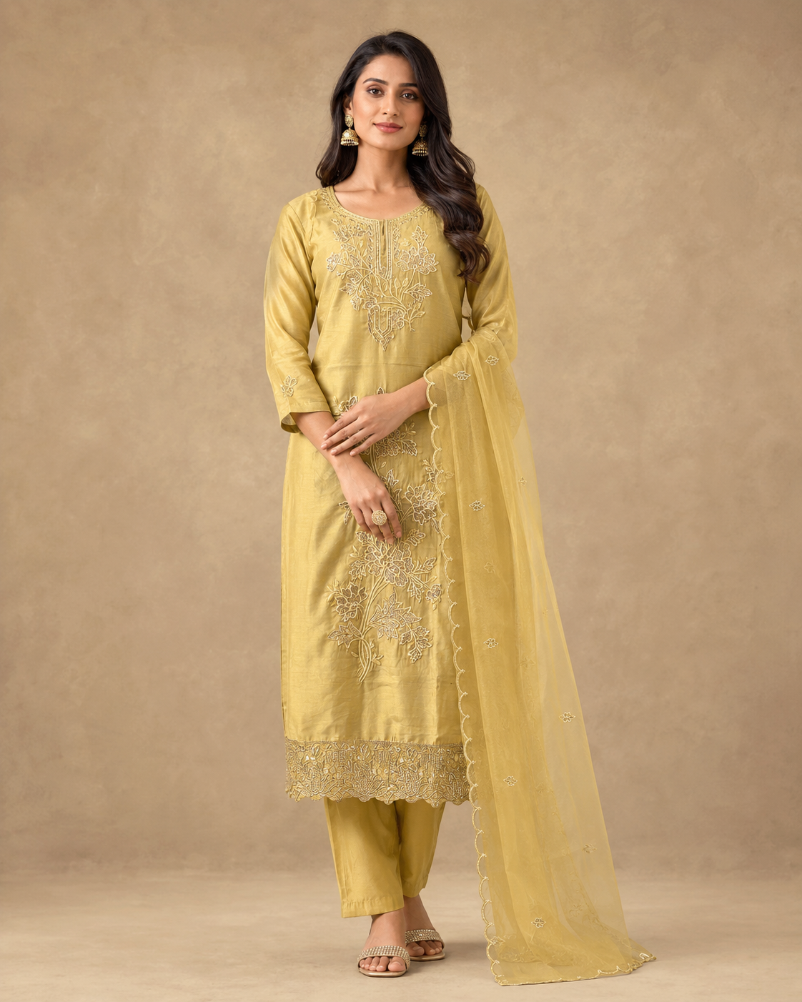 Mustard Gold Embroidered Kurti Pant Set with Organza Dupatta
