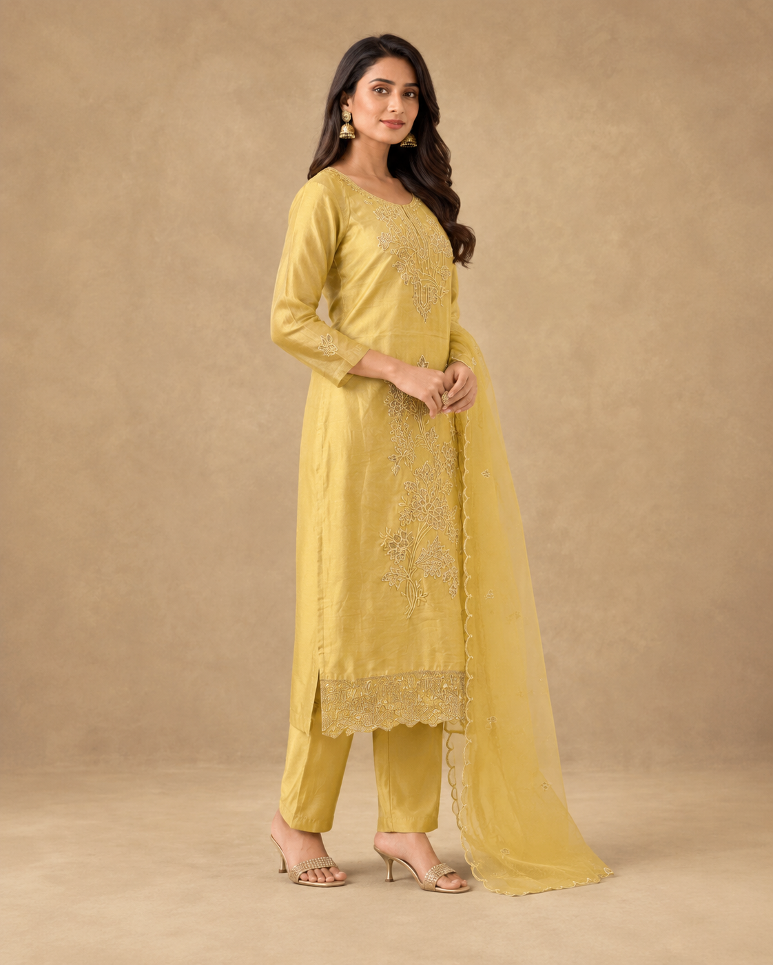 Mustard Gold Embroidered Kurti Pant Set with Organza Dupatta