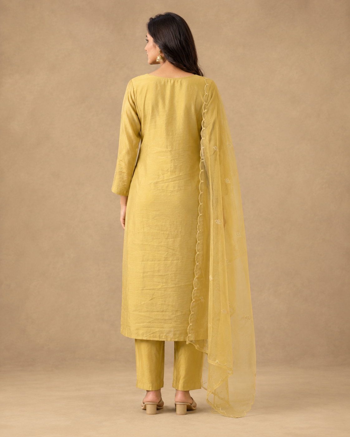 Mustard Gold Embroidered Kurti Pant Set with Organza Dupatta