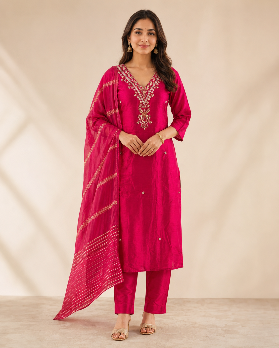 Fuchsia Pink Silk Kurti Pant Set with Embroidered V-Neck &amp; Printed Dupatta