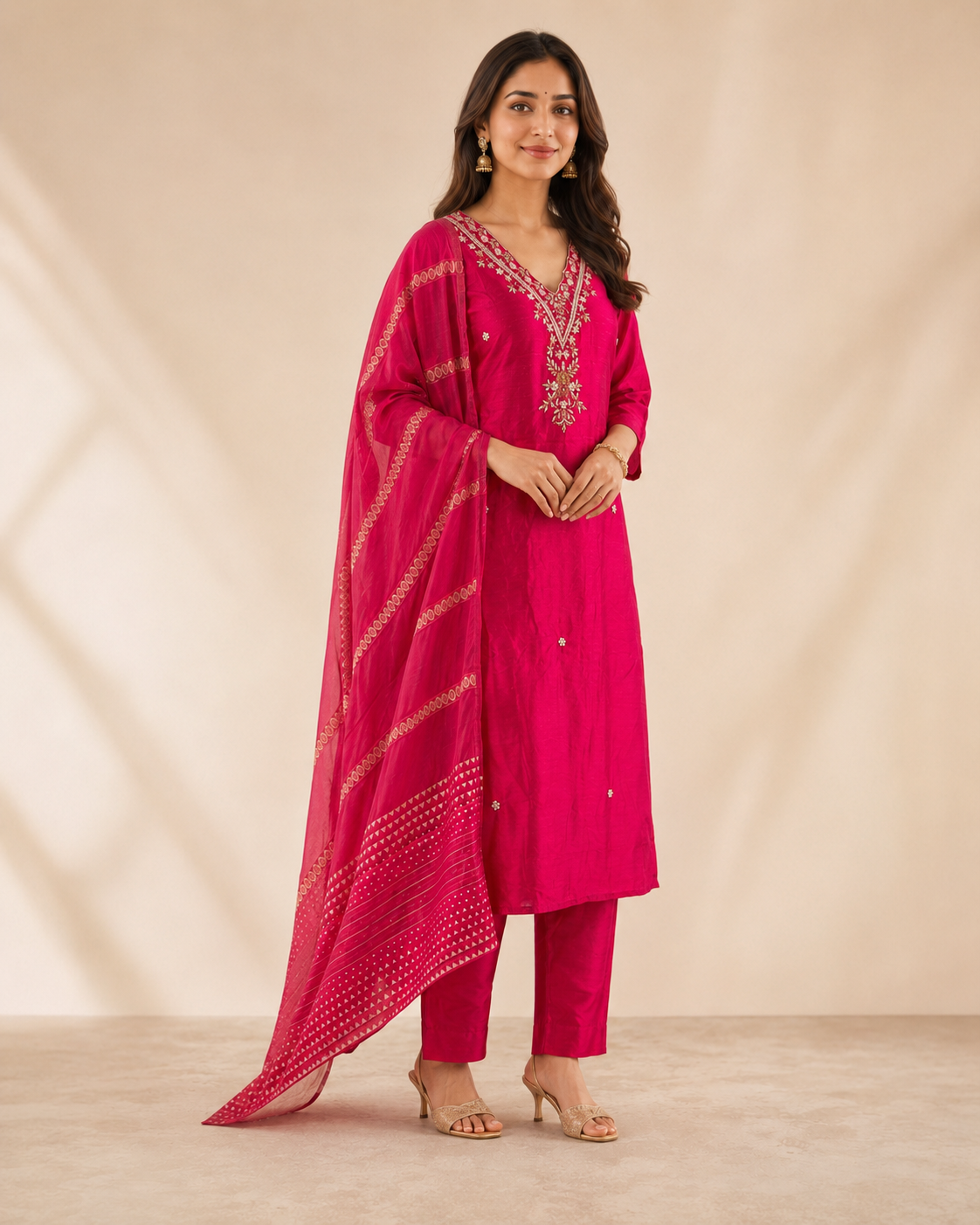 Fuchsia Pink Silk Kurti Pant Set with Embroidered V-Neck &amp; Printed Dupatta