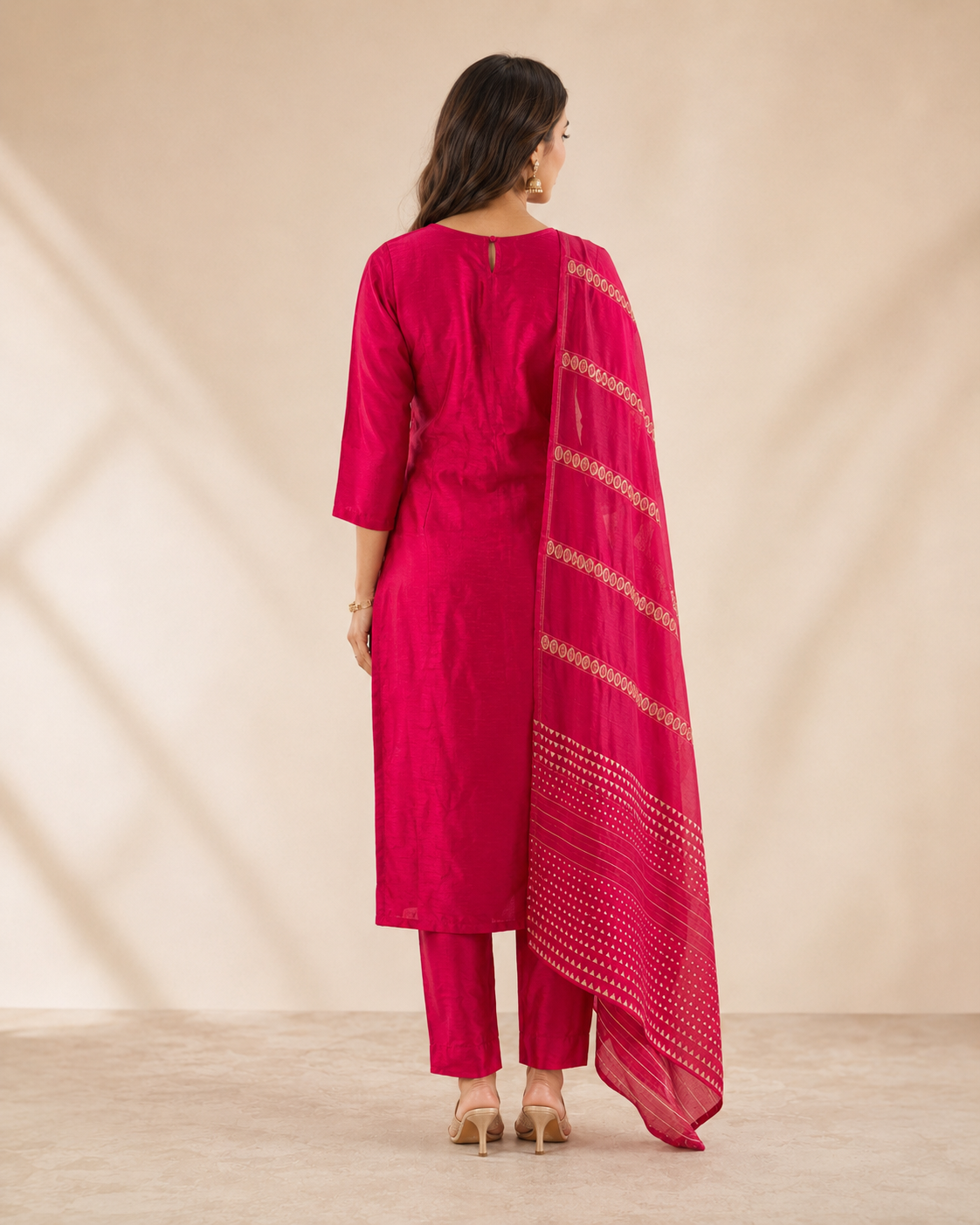 Fuchsia Pink Silk Kurti Pant Set with Embroidered V-Neck &amp; Printed Dupatta