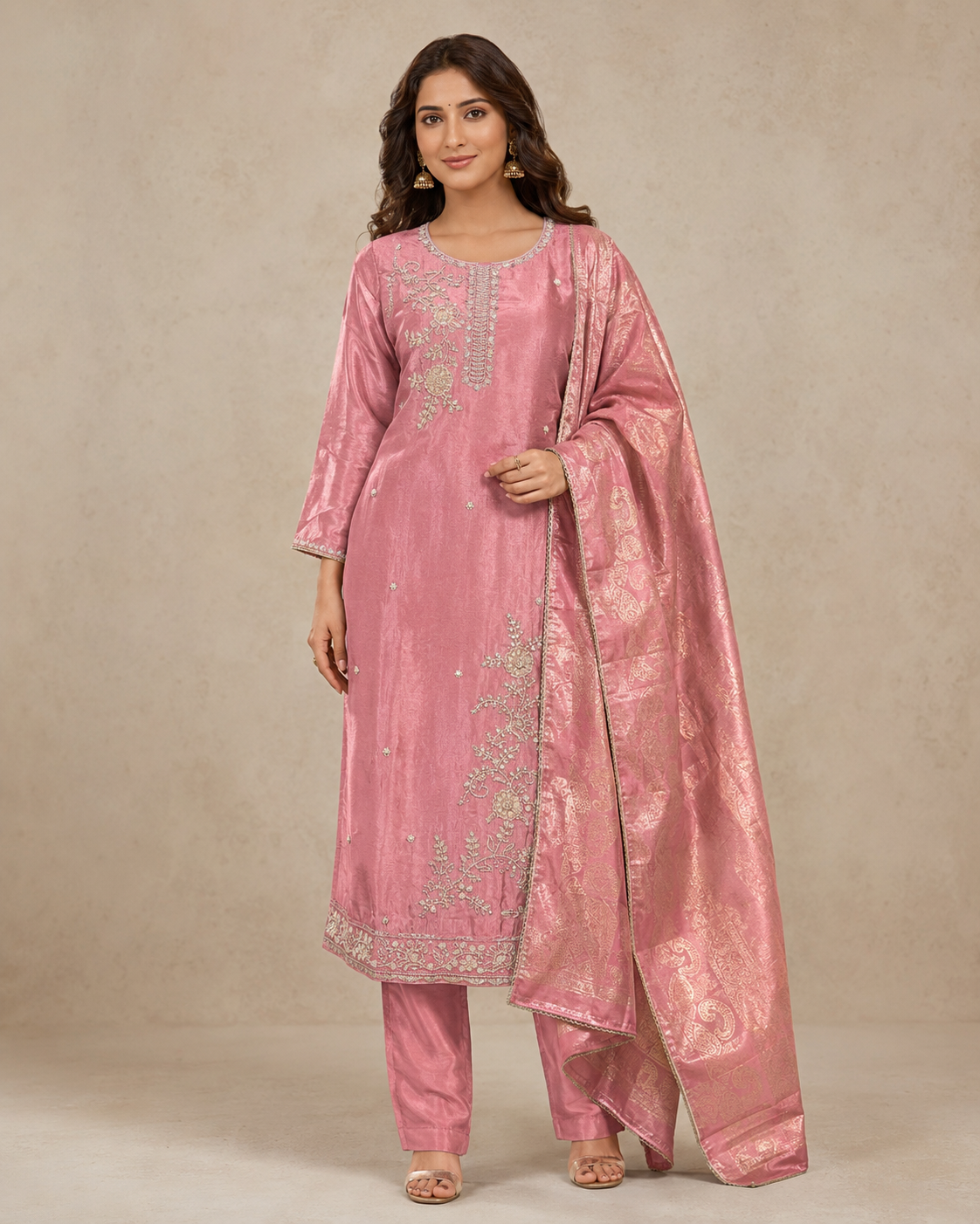 Dusty Pink Silk Kurti Pant Set with Zari Dupatta &amp; Hand Embroidery