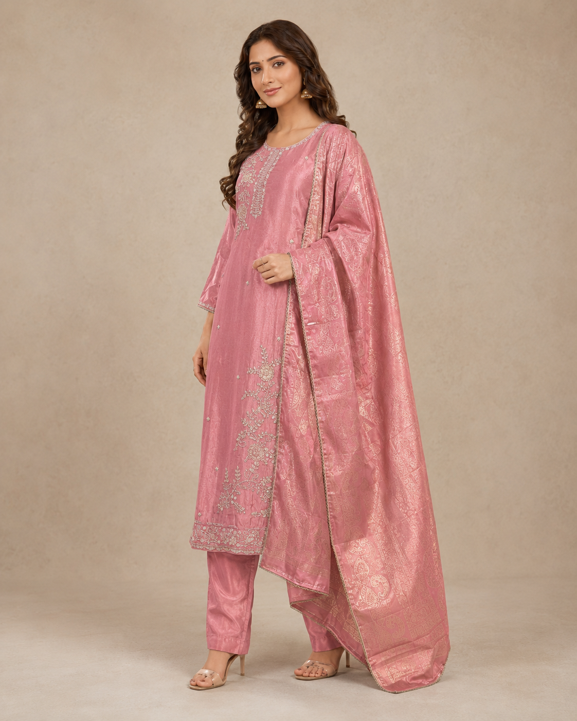 Dusty Pink Silk Kurti Pant Set with Zari Dupatta &amp; Hand Embroidery