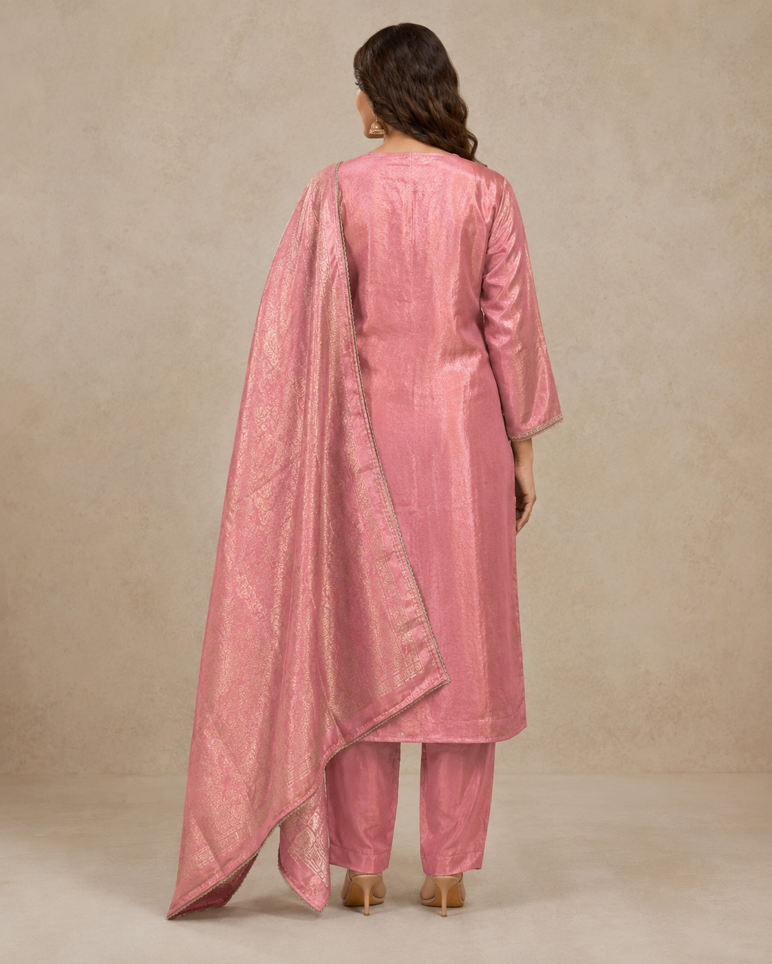 Dusty Pink Silk Kurti Pant Set with Zari Dupatta &amp; Hand Embroidery