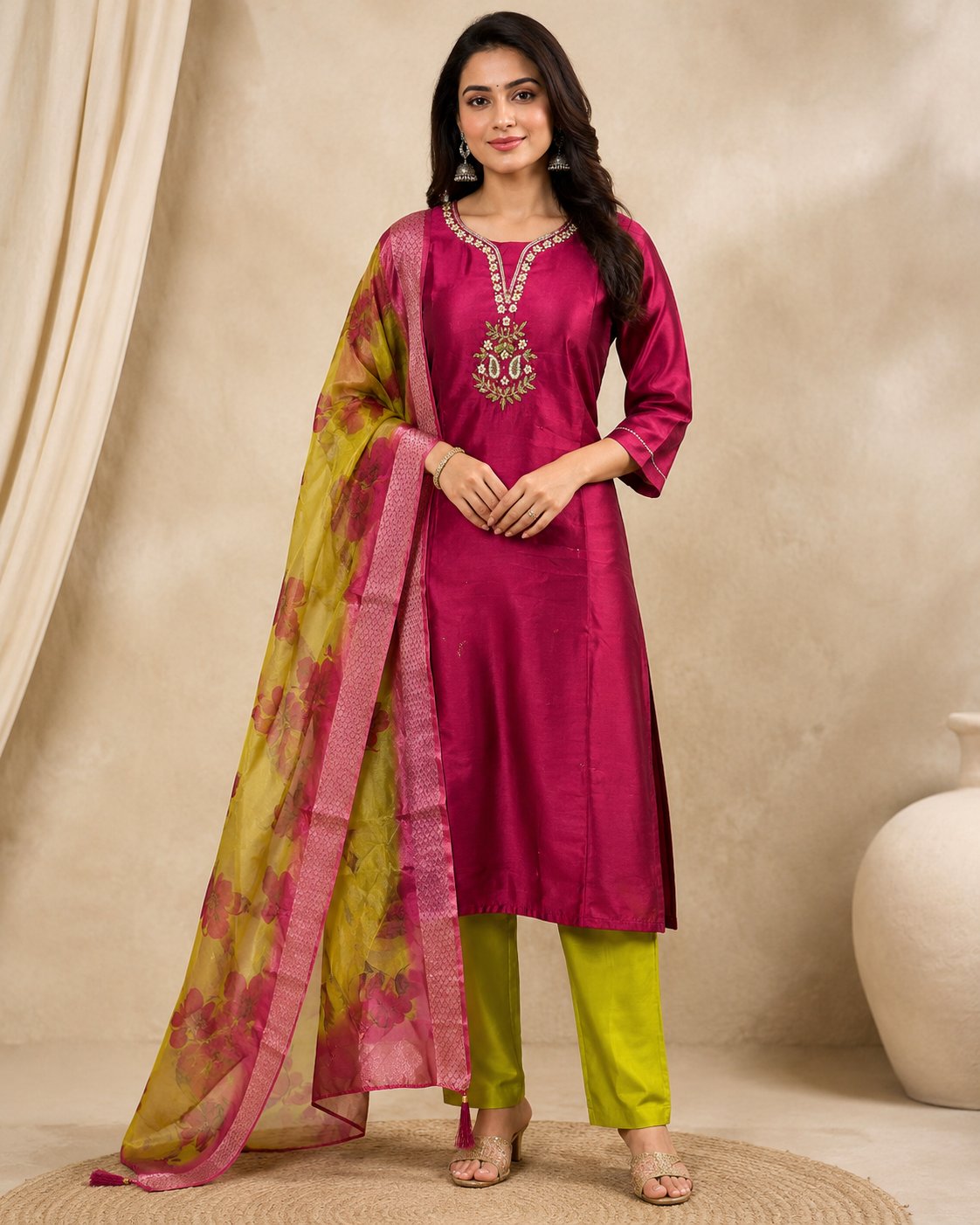 Magenta Silk Kurti Pant Set with Embroidered Neckline &amp; Floral Organza Dupatta