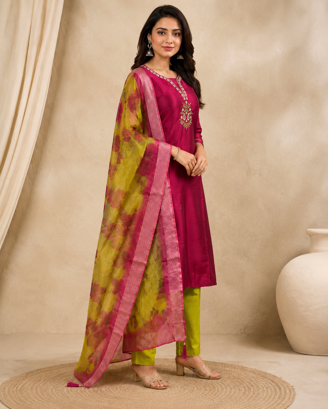 Magenta Silk Kurti Pant Set with Embroidered Neckline &amp; Floral Organza Dupatta