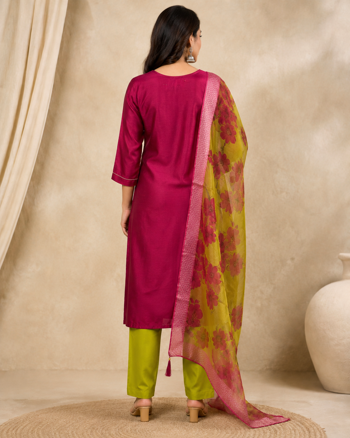 Magenta Silk Kurti Pant Set with Embroidered Neckline &amp; Floral Organza Dupatta