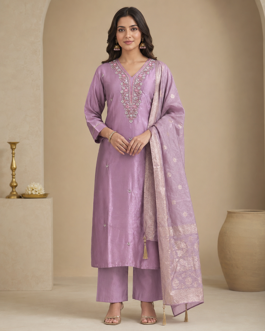 Product Title: Dusty Mauve Embroidered Silk Kurti Pant Set with Woven Dupatta