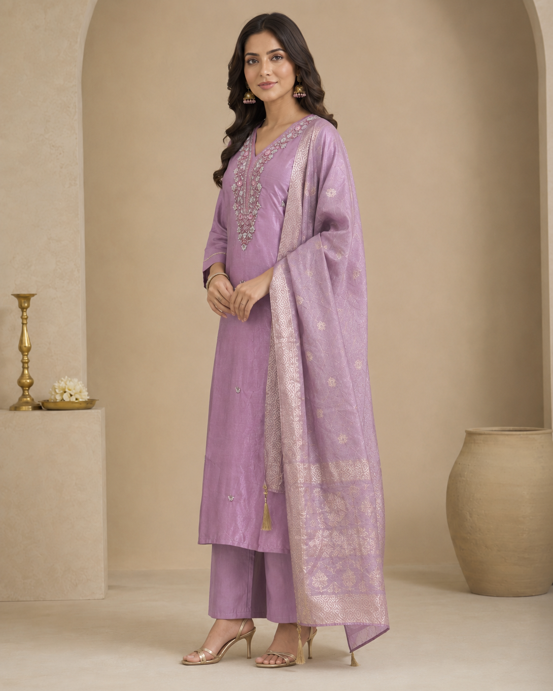Product Title: Dusty Mauve Embroidered Silk Kurti Pant Set with Woven Dupatta