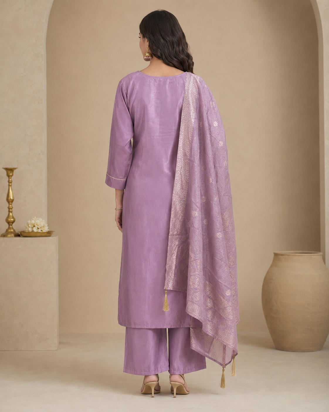 Product Title: Dusty Mauve Embroidered Silk Kurti Pant Set with Woven Dupatta