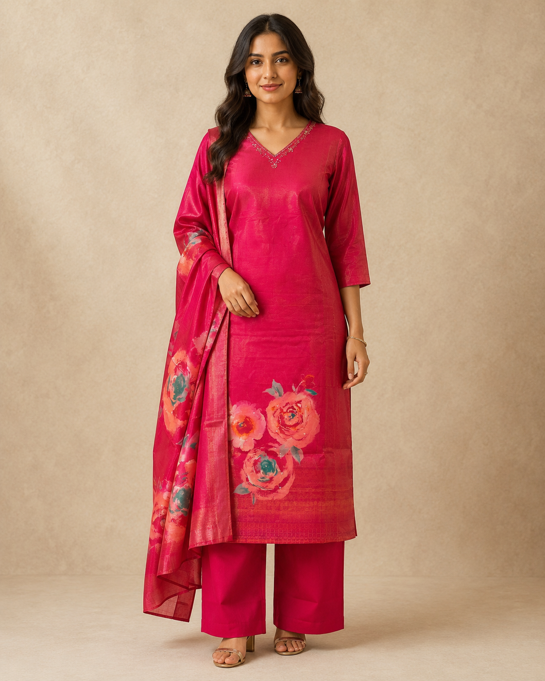 Rani Pink Floral Silk Kurti Pant Set with Printed Dupatta