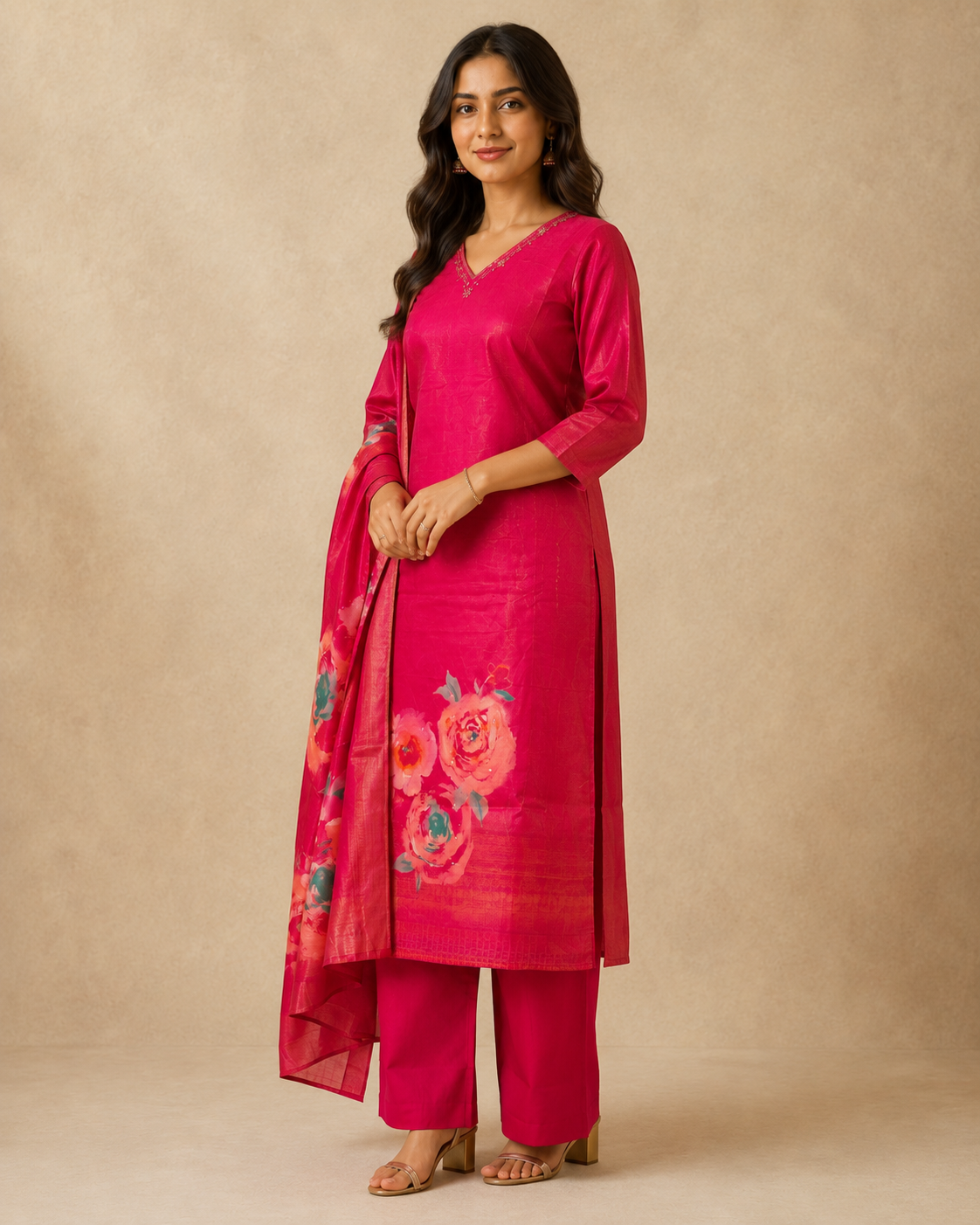 Rani Pink Floral Silk Kurti Pant Set with Printed Dupatta