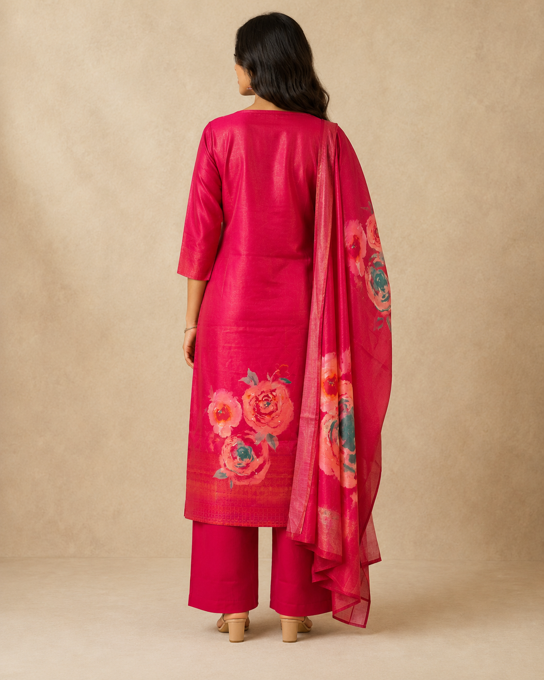 Rani Pink Floral Silk Kurti Pant Set with Printed Dupatta