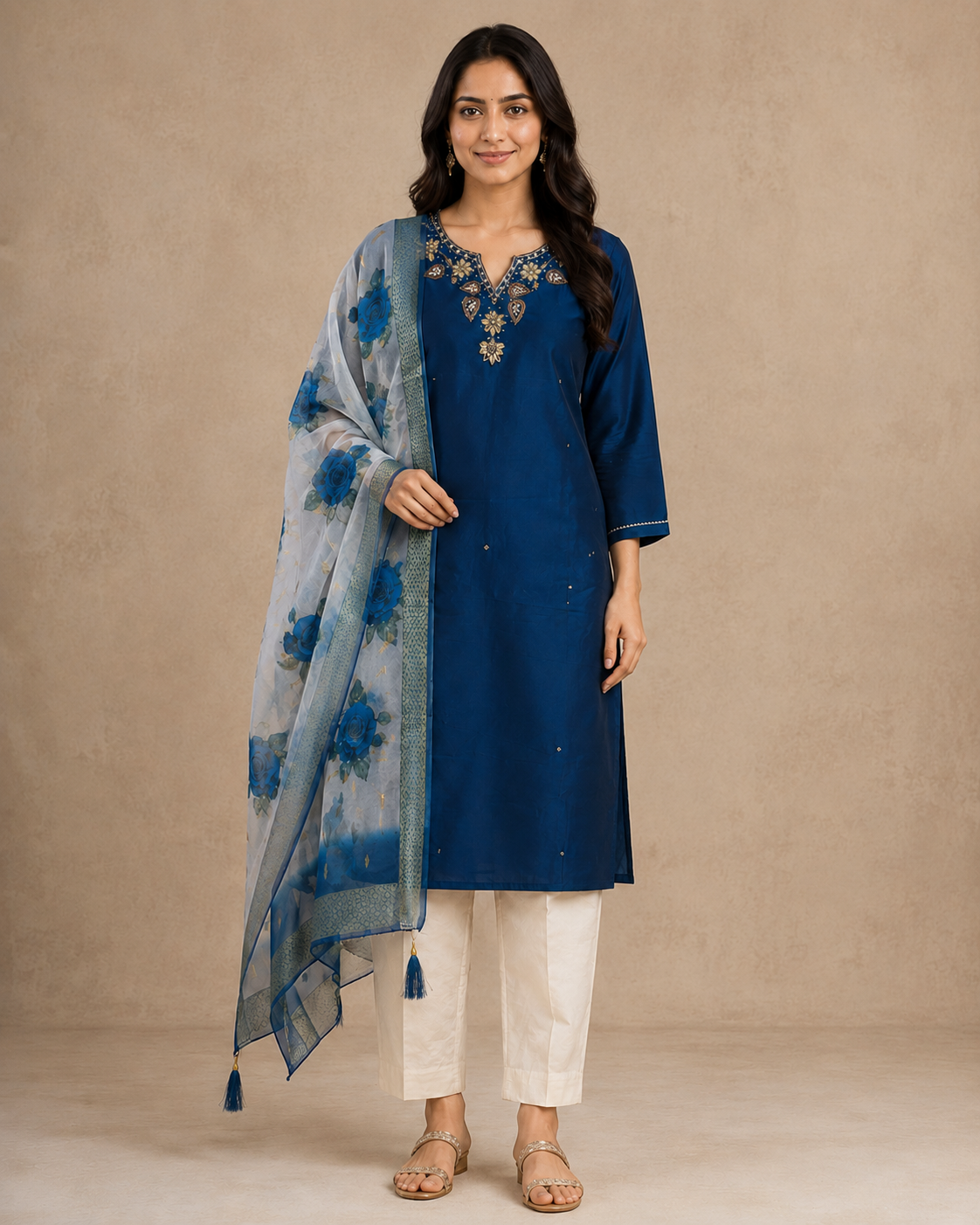 Royal Blue Embroidered Kurti Pant Set with Floral Organza Dupatta