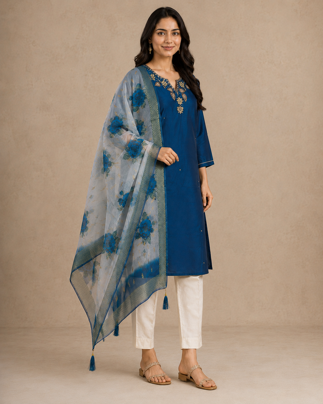 Royal Blue Embroidered Kurti Pant Set with Floral Organza Dupatta