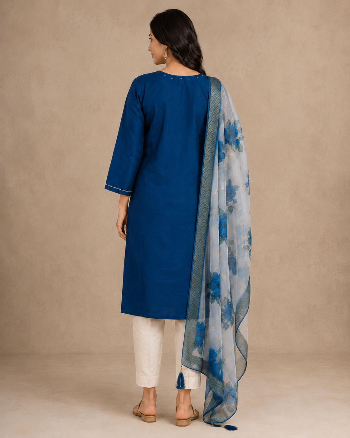 Royal Blue Embroidered Kurti Pant Set with Floral Organza Dupatta