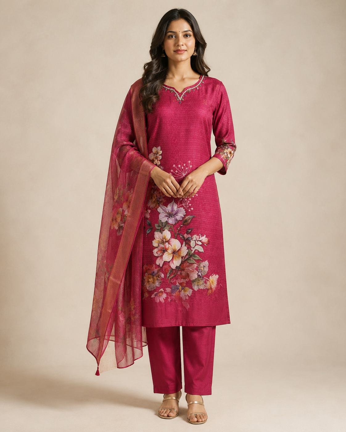 Rani Pink Floral Printed Kurti Pant Set with Sheer Dupatta