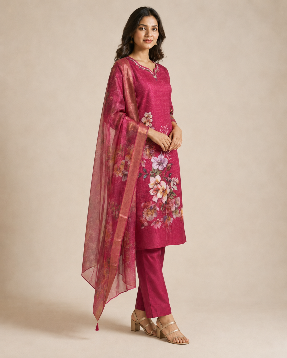 Rani Pink Floral Printed Kurti Pant Set with Sheer Dupatta