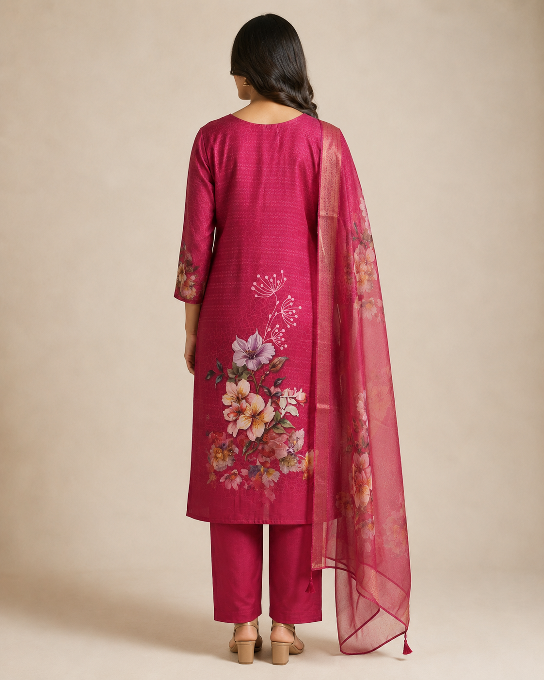 Rani Pink Floral Printed Kurti Pant Set with Sheer Dupatta