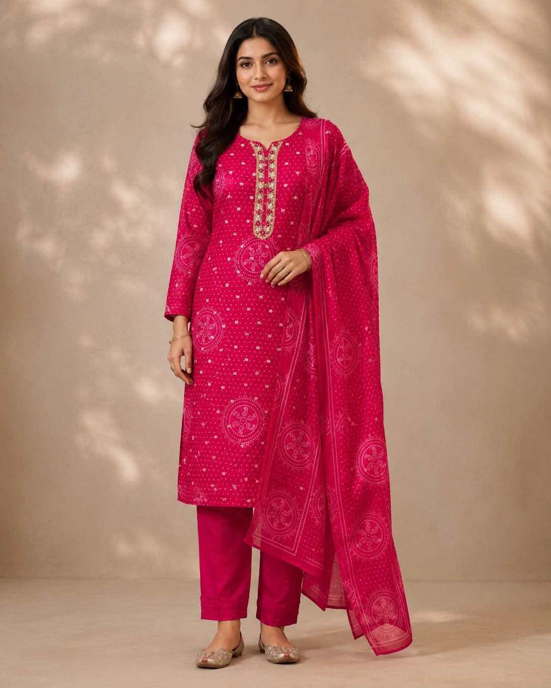 Rani Pink Printed Kurta Set with Embroidered Neckline &amp; Dupatta