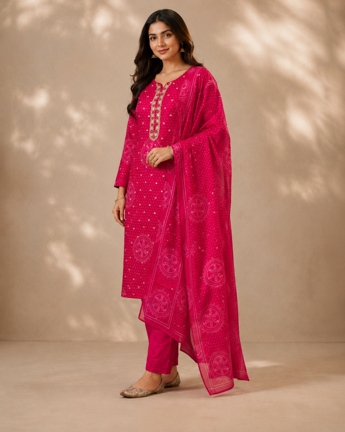 Rani Pink Printed Kurta Set with Embroidered Neckline &amp; Dupatta