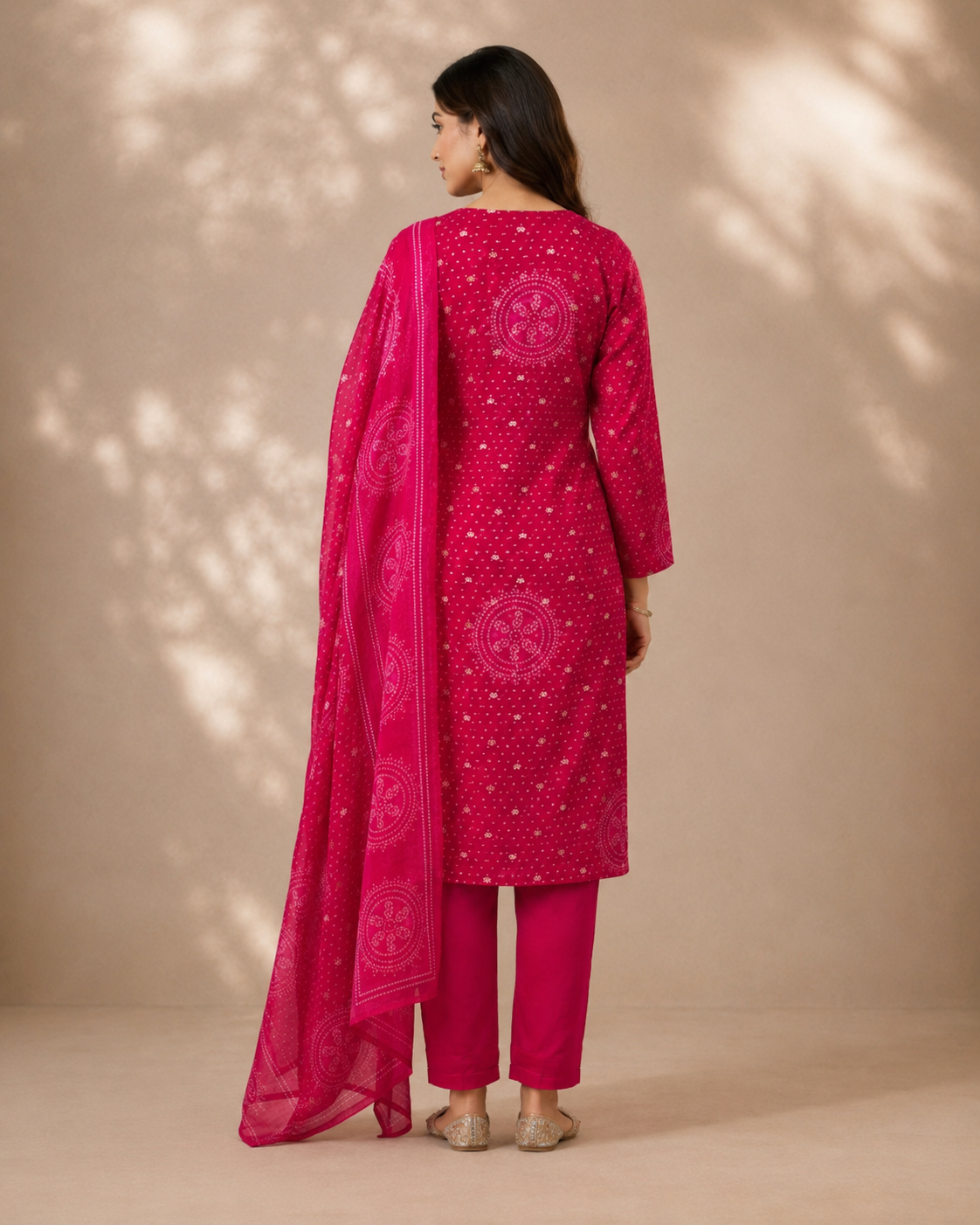 Rani Pink Printed Kurta Set with Embroidered Neckline &amp; Dupatta