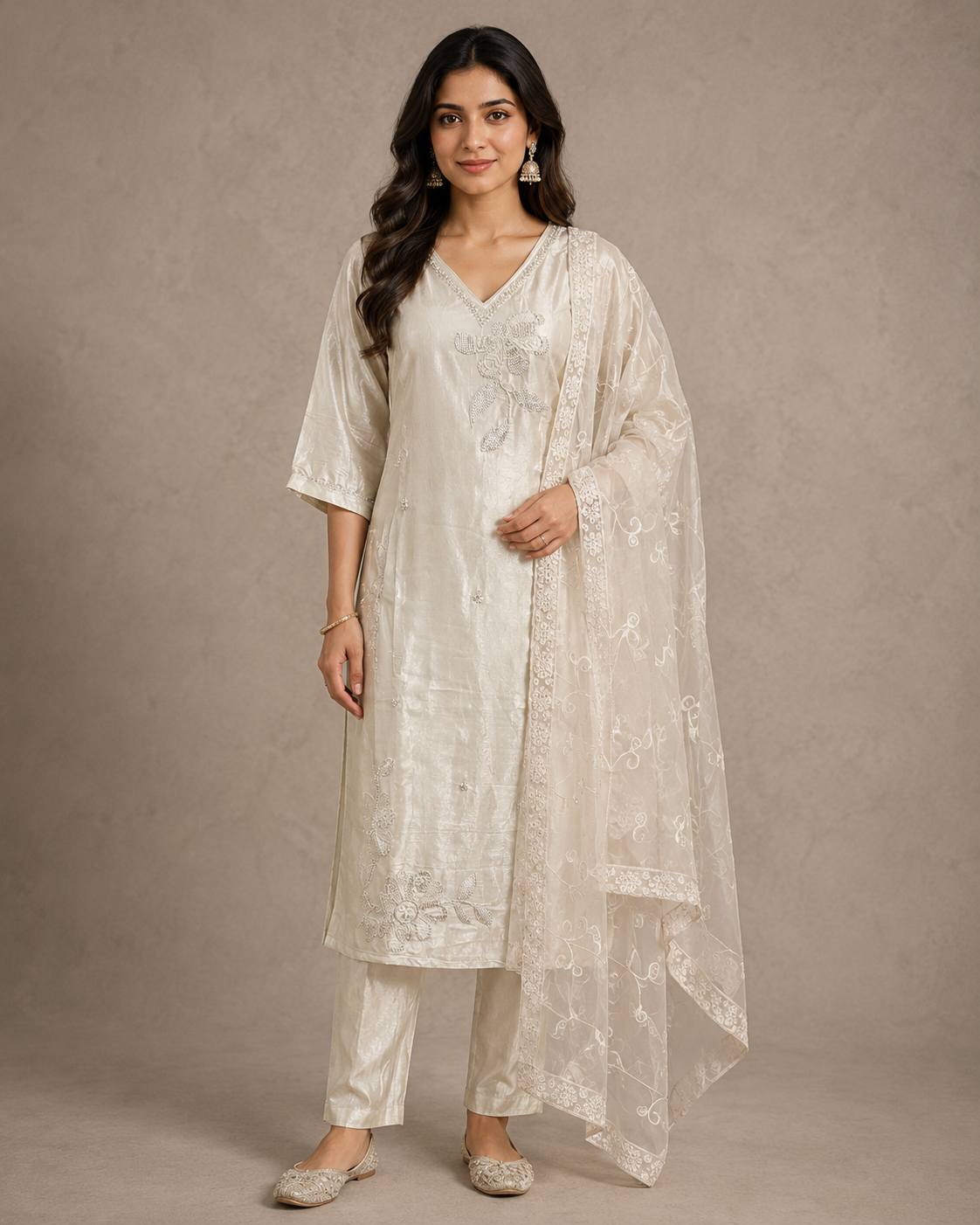 Ivory Embroidered Silk Kurta Set with Sheer Organza Dupatta