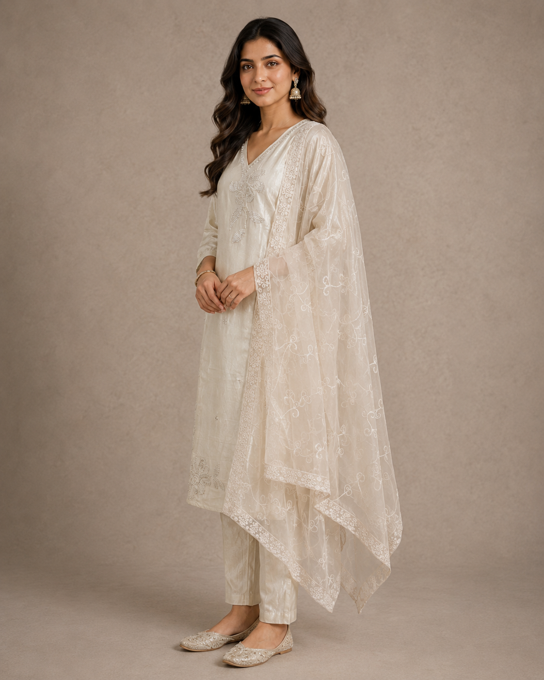 Ivory Embroidered Silk Kurta Set with Sheer Organza Dupatta