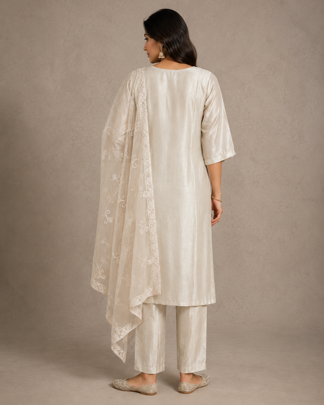 Ivory Embroidered Silk Kurta Set with Sheer Organza Dupatta