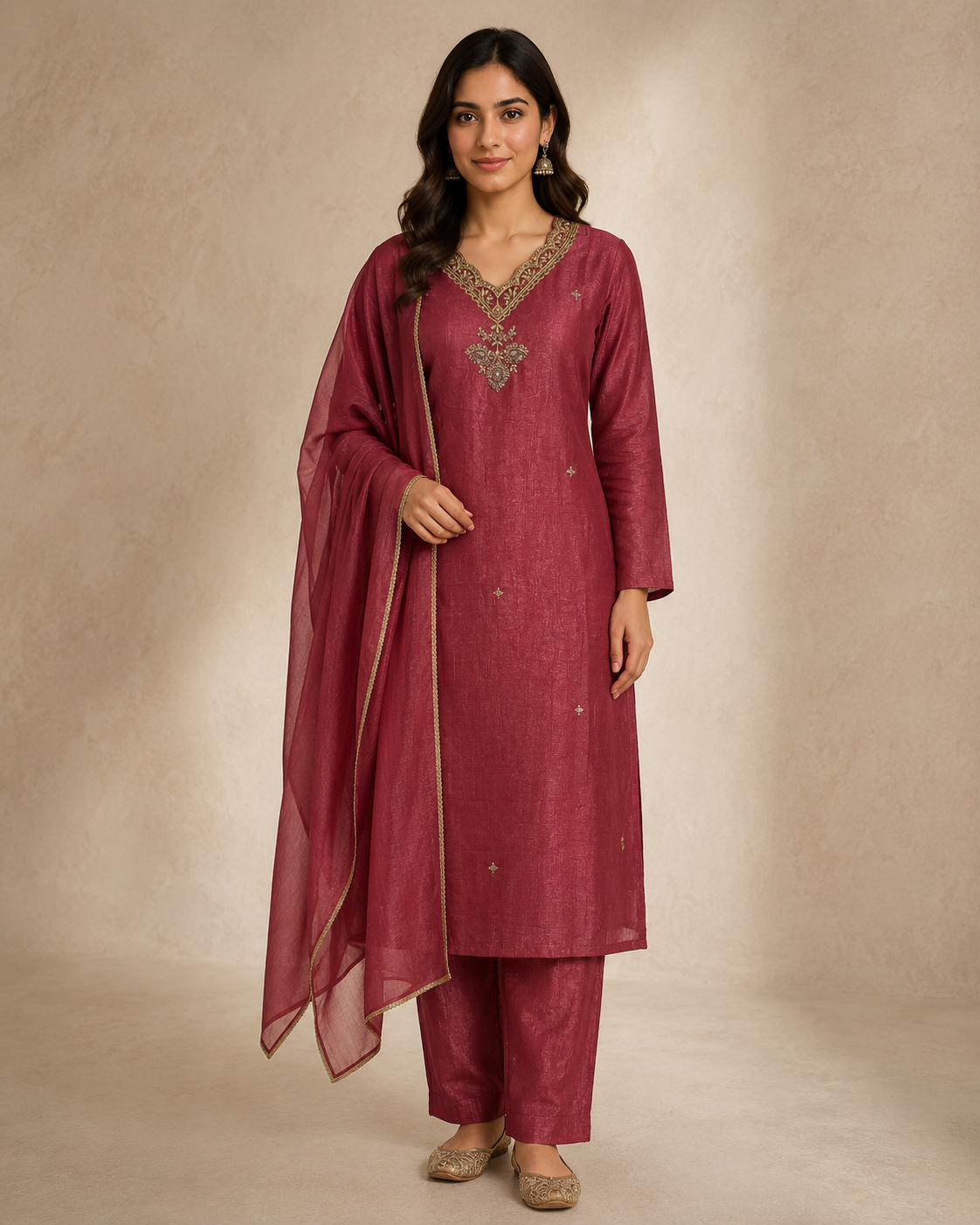 Dusty Rose Embroidered Kurti Pant Set with Sheer Dupatta