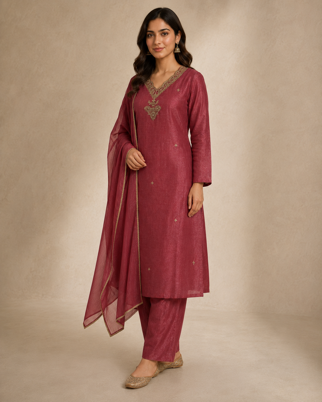 Dusty Rose Embroidered Kurti Pant Set with Sheer Dupatta