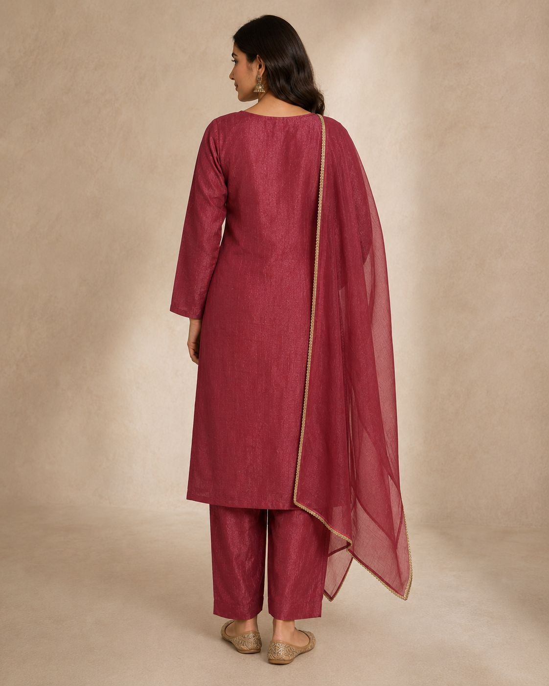 Dusty Rose Embroidered Kurti Pant Set with Sheer Dupatta