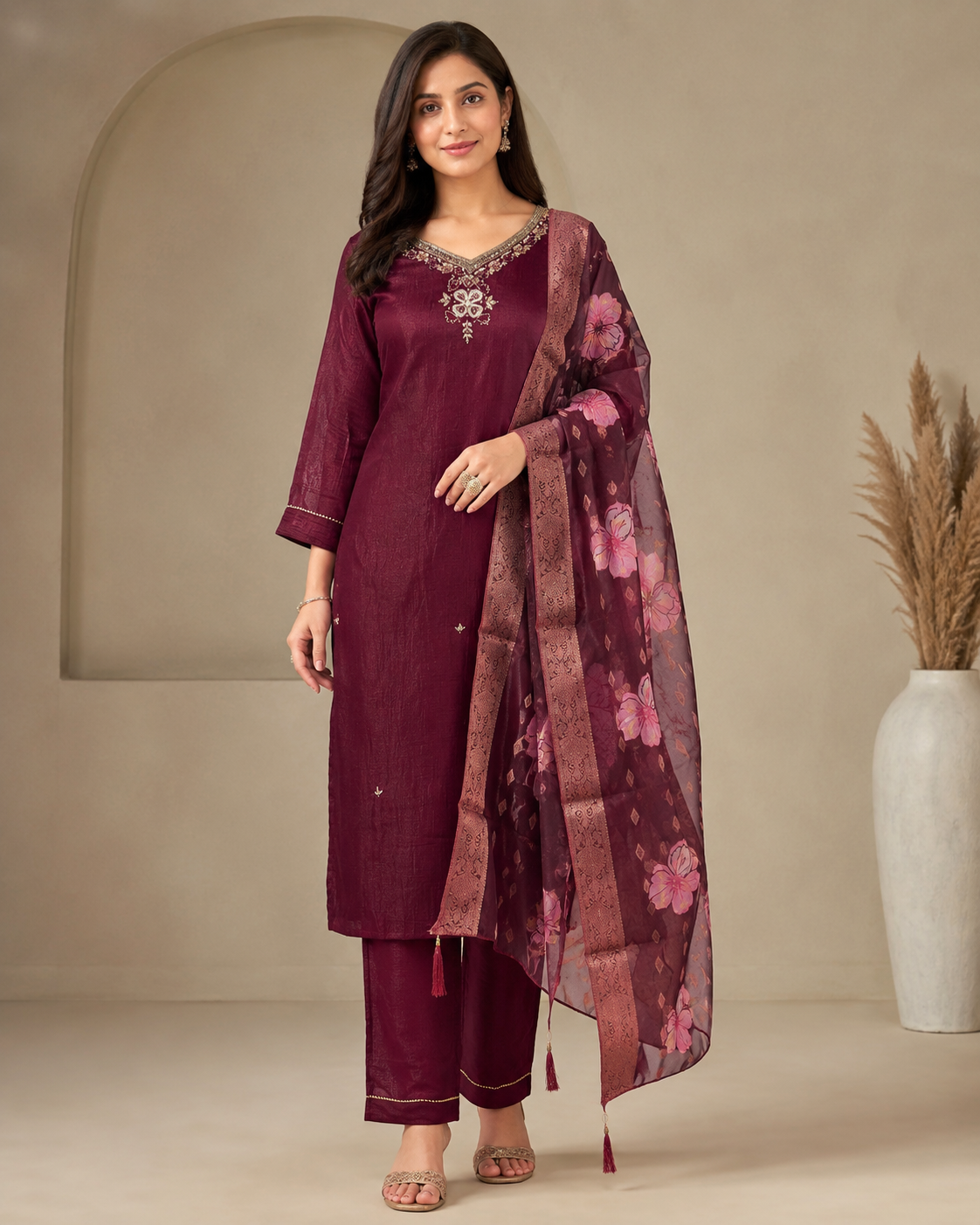 Maroon Embroidered Kurti Pant Set with Floral Organza Dupatta