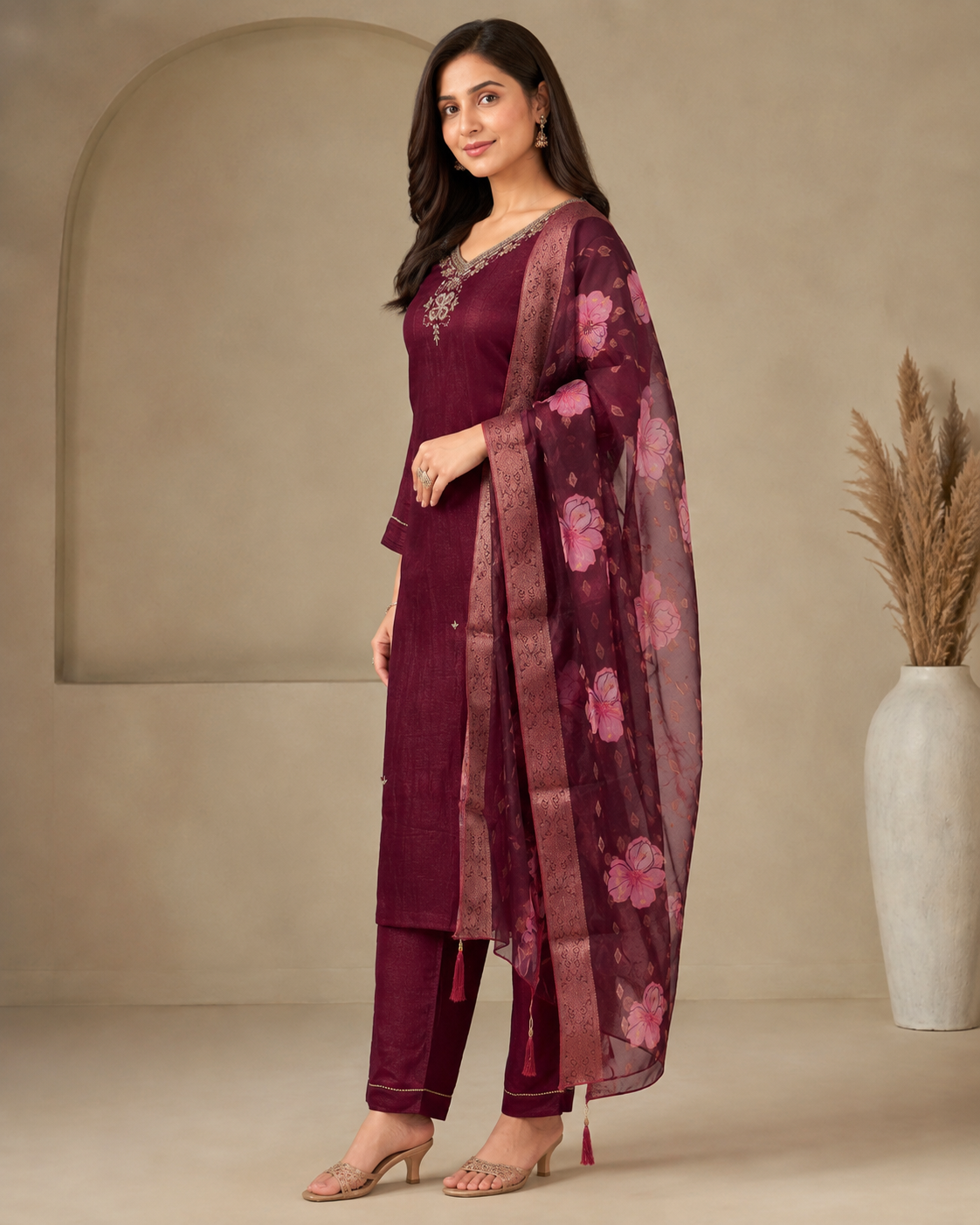 Maroon Embroidered Kurti Pant Set with Floral Organza Dupatta