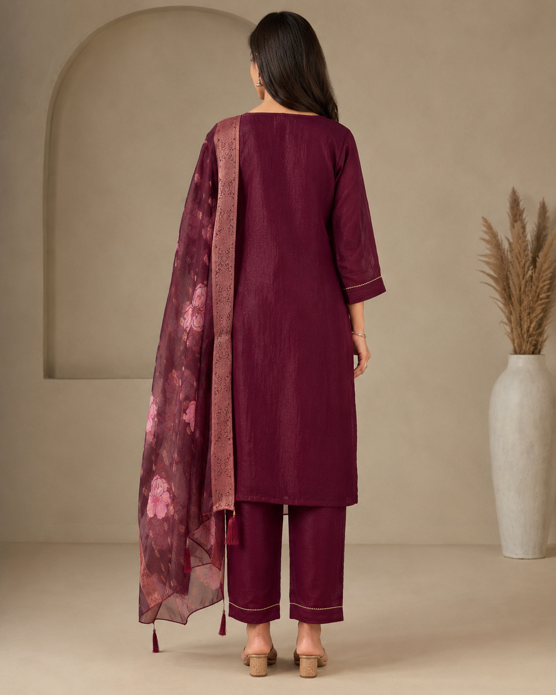 Maroon Embroidered Kurti Pant Set with Floral Organza Dupatta