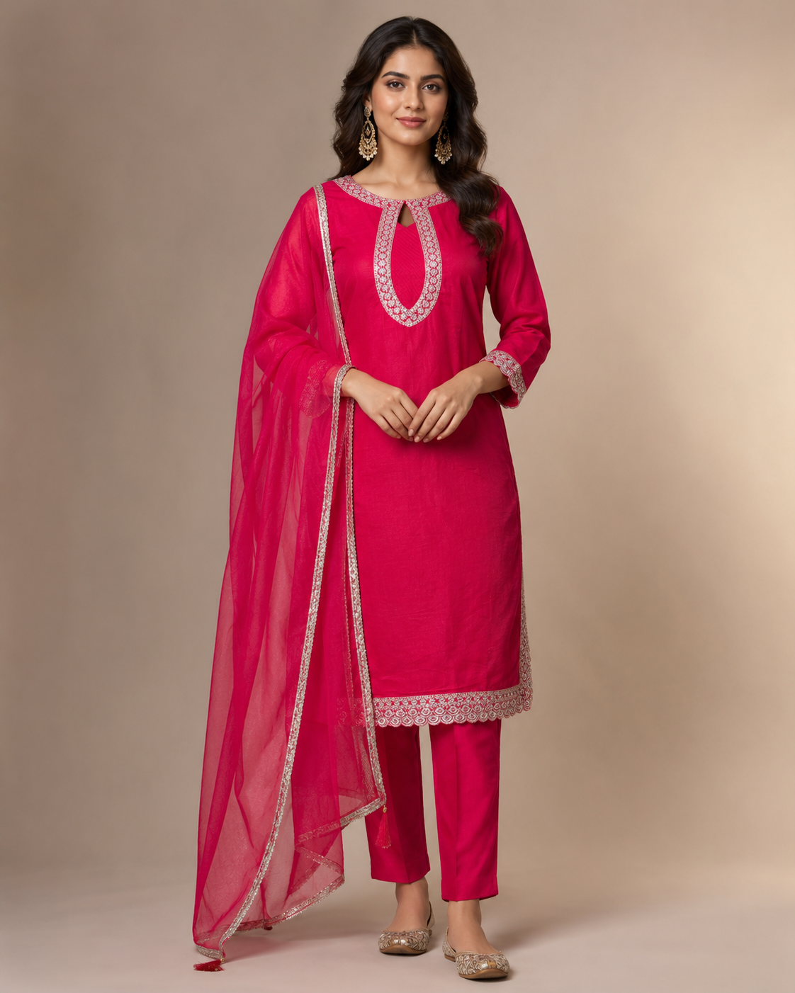 Fuchsia Pink Embroidered Kurti Pant Set with Dupatta
