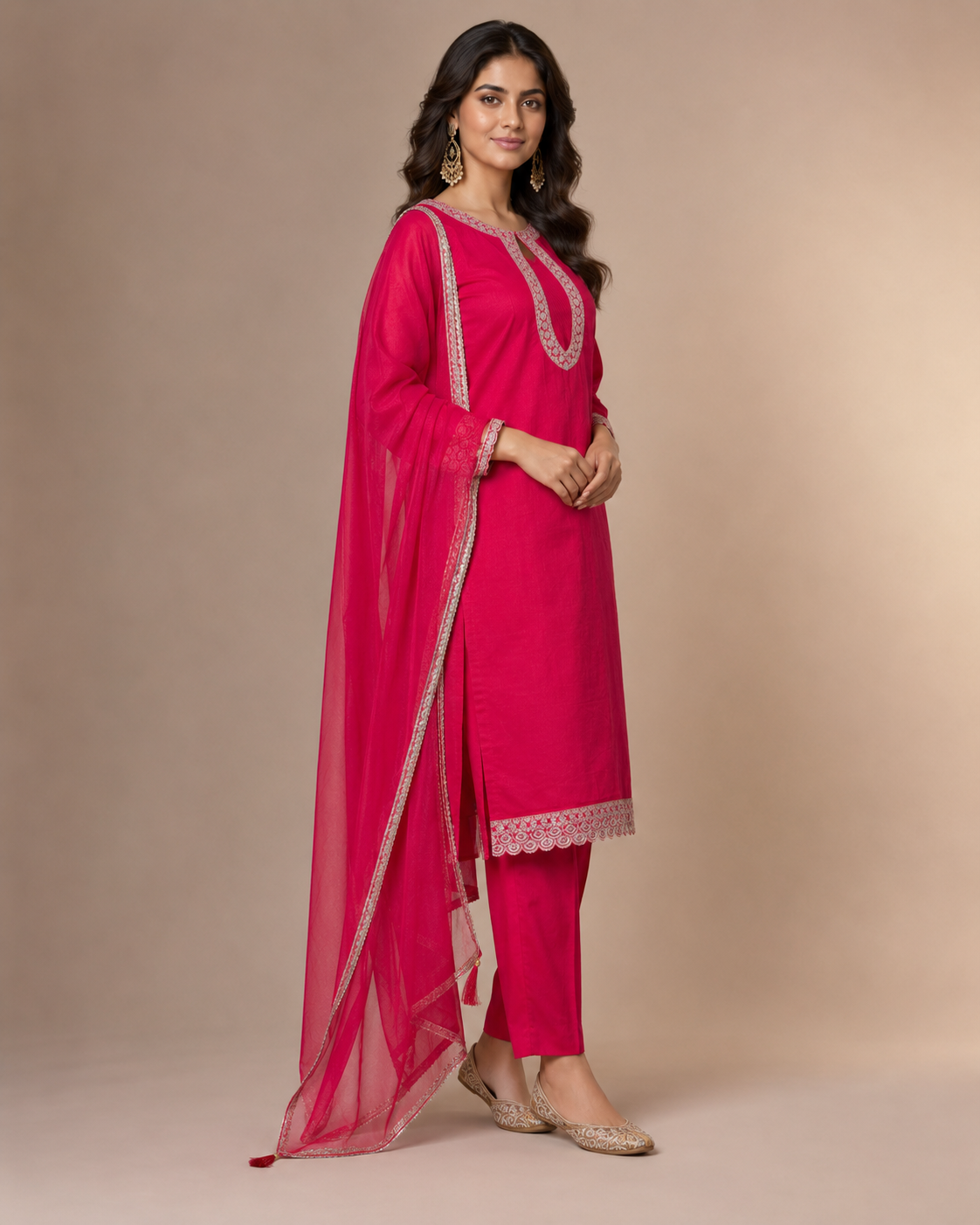 Fuchsia Pink Embroidered Kurti Pant Set with Dupatta