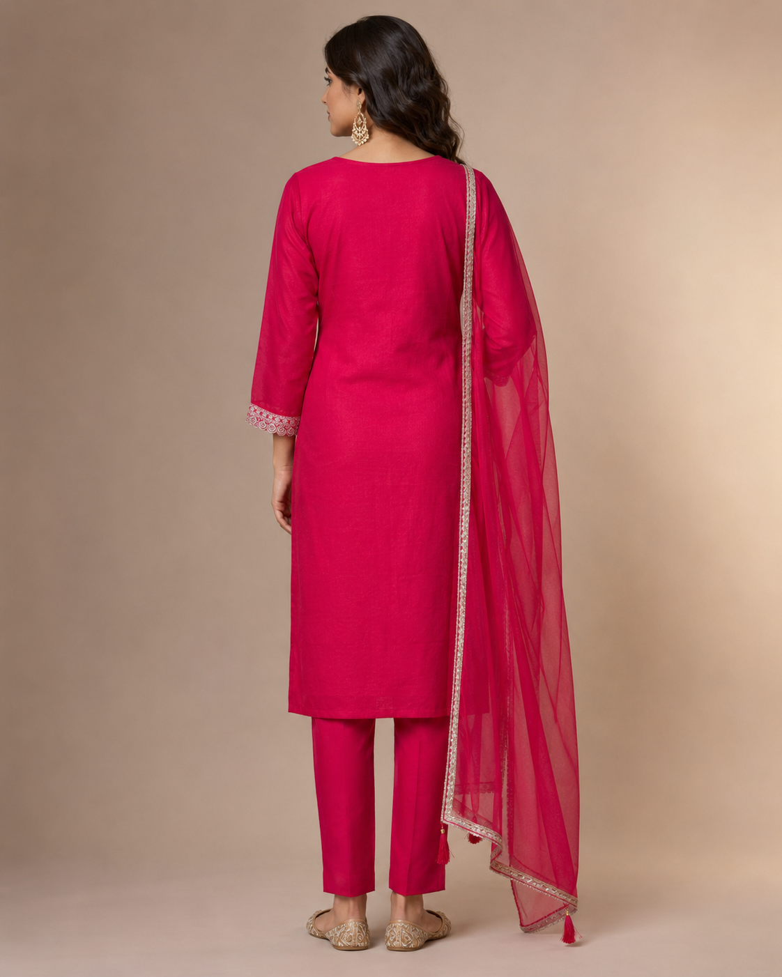 Fuchsia Pink Embroidered Kurti Pant Set with Dupatta